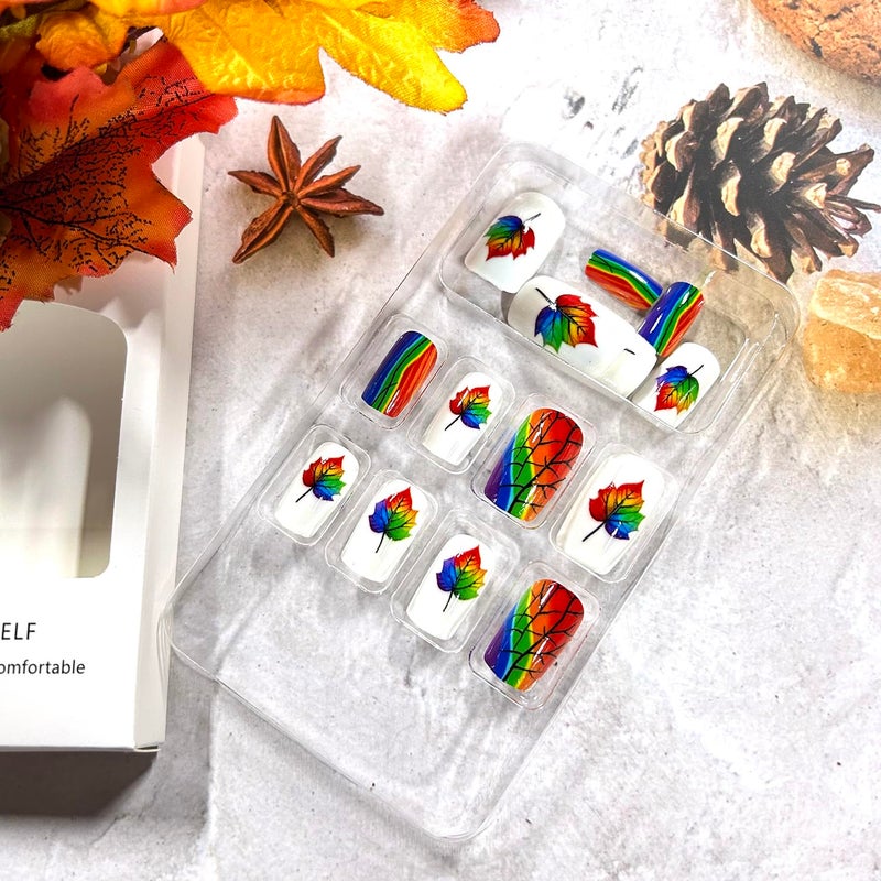 CJDLTS Thanksgiving Press on Nails Medium Square Gradient Maple Leaf False Nail Full Cover Glossy Fall Stick on Nails Colorful Stripes Leaf Design Artificial Fingernails Festival Glue on Nails for Women - Image 3